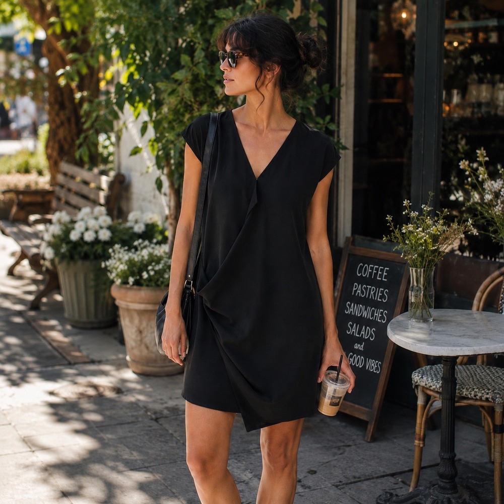 Steven Alan Black Asymmetric Draped Shift Dress Cupro Modal Size M